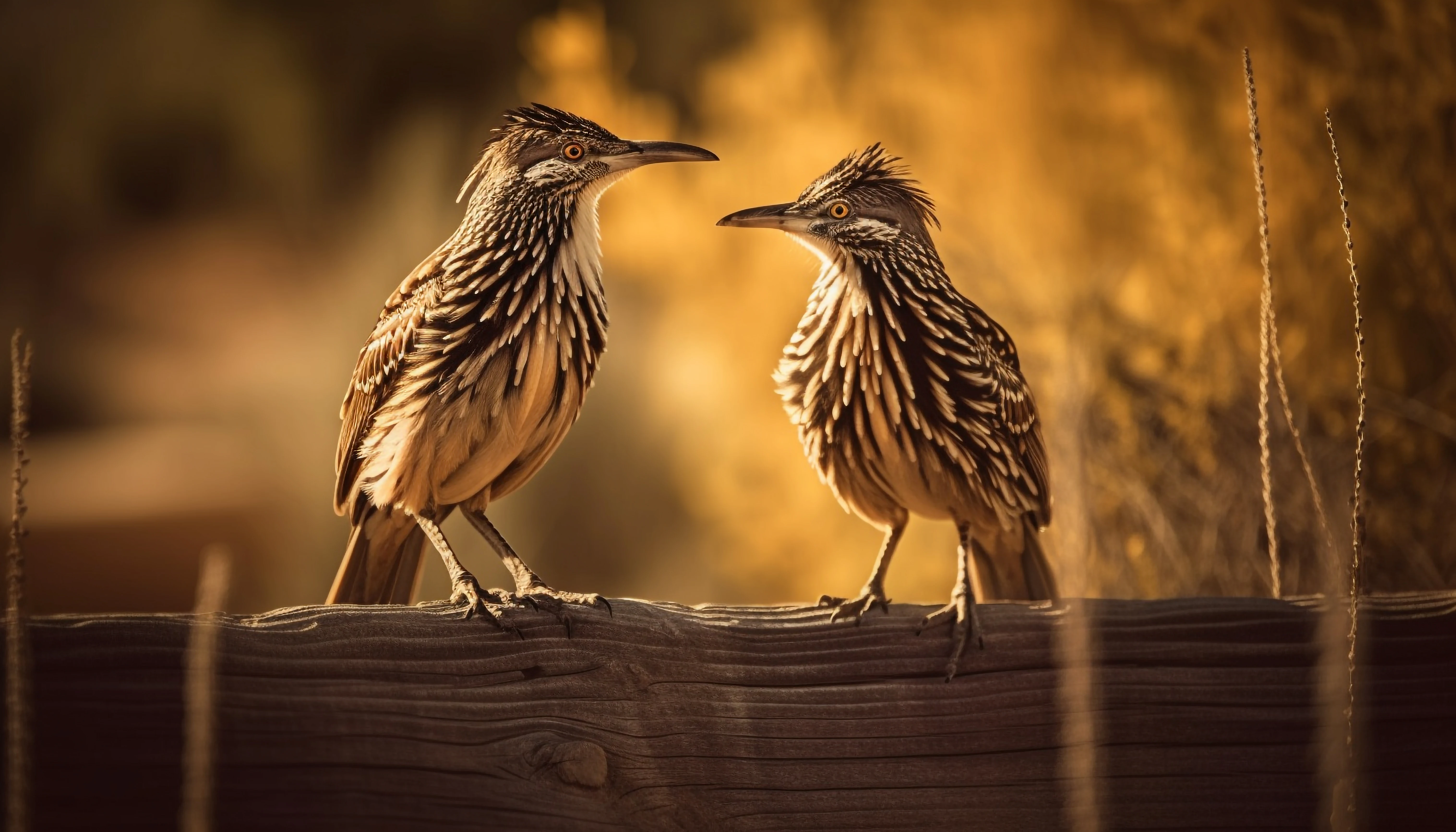 Two crested birds facing one another on a branch