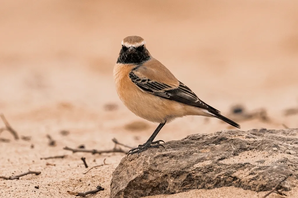 Sandy-coloured wheatear with a black face standing on a rock in a sandy landscape
