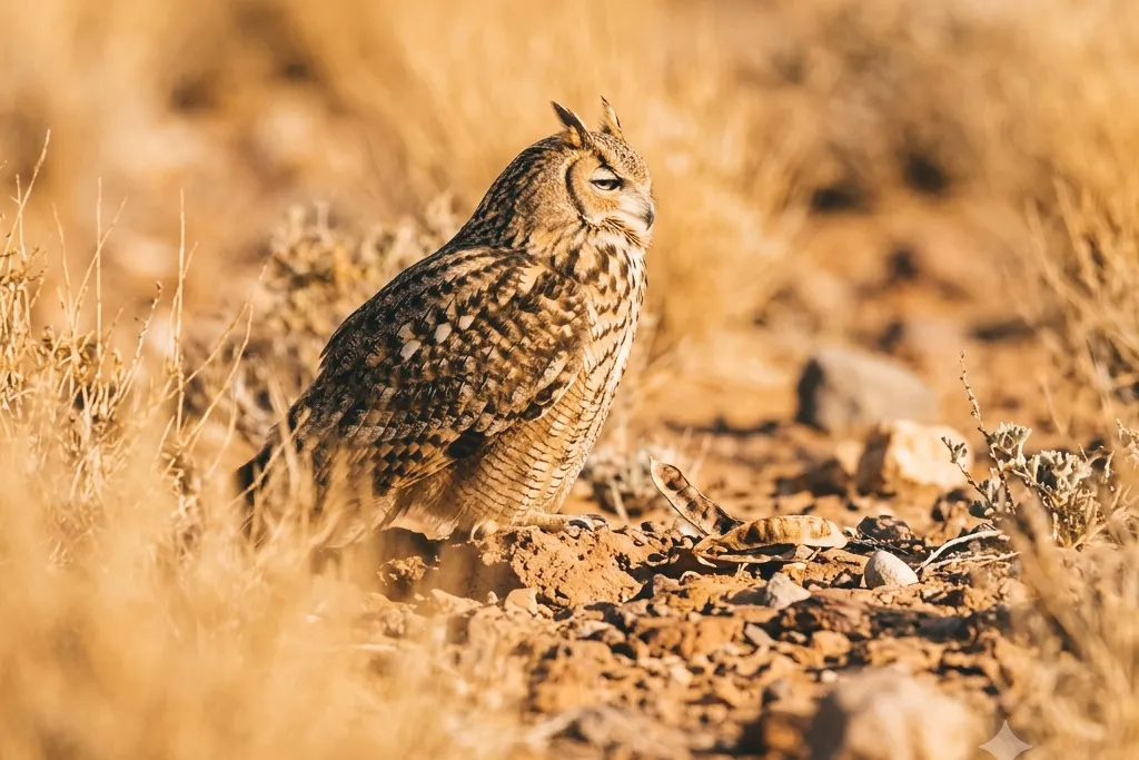 Pharaoh Eagle-Owl standing on stony desert ground