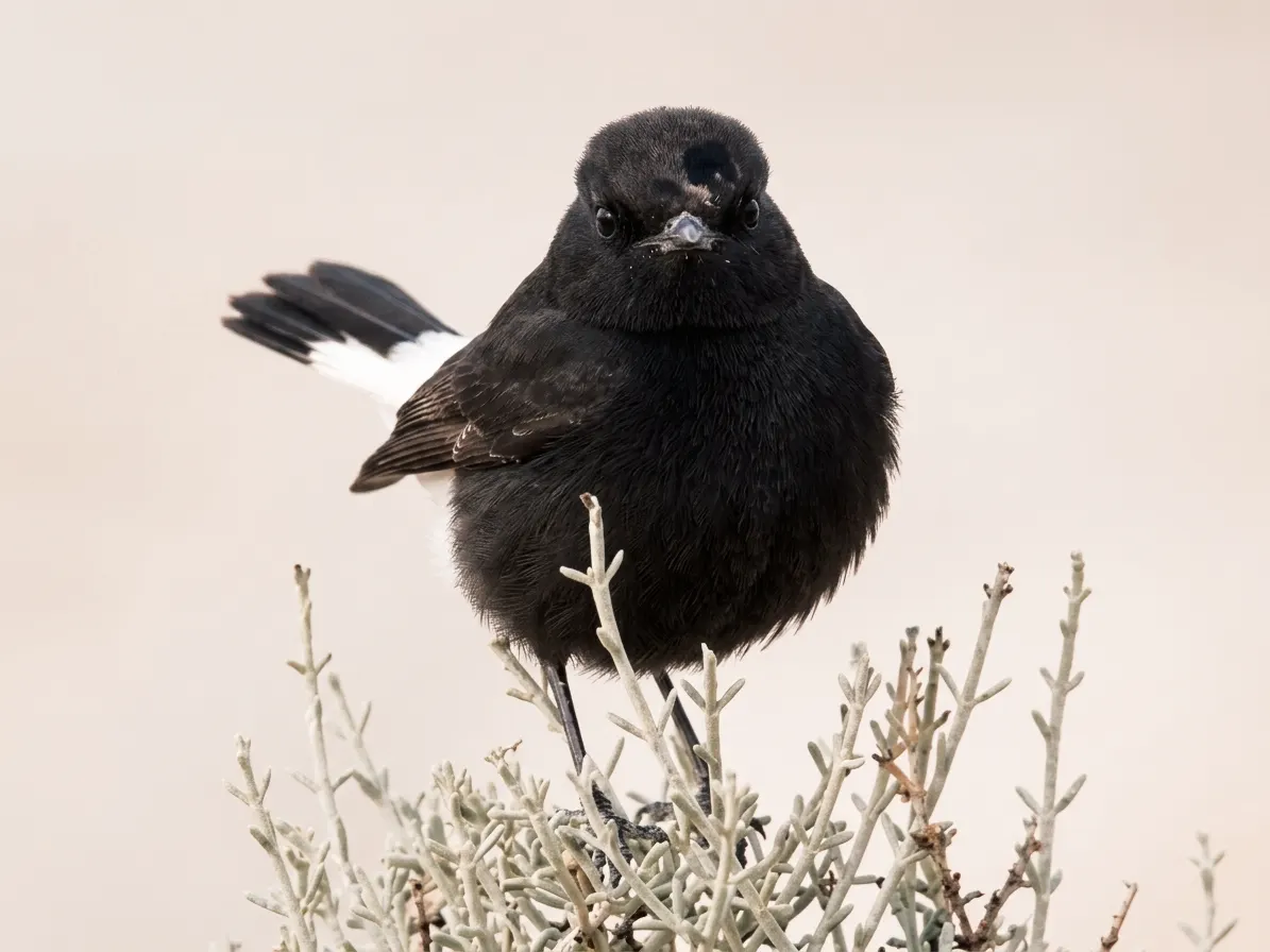 Black Wheatear perched among pale desert shrubs, with white tail feathers visible