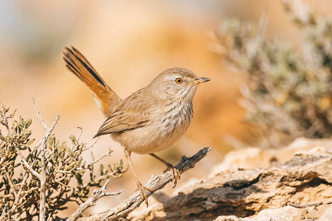 Small brown African Desert Warbler perched among desert shrubs