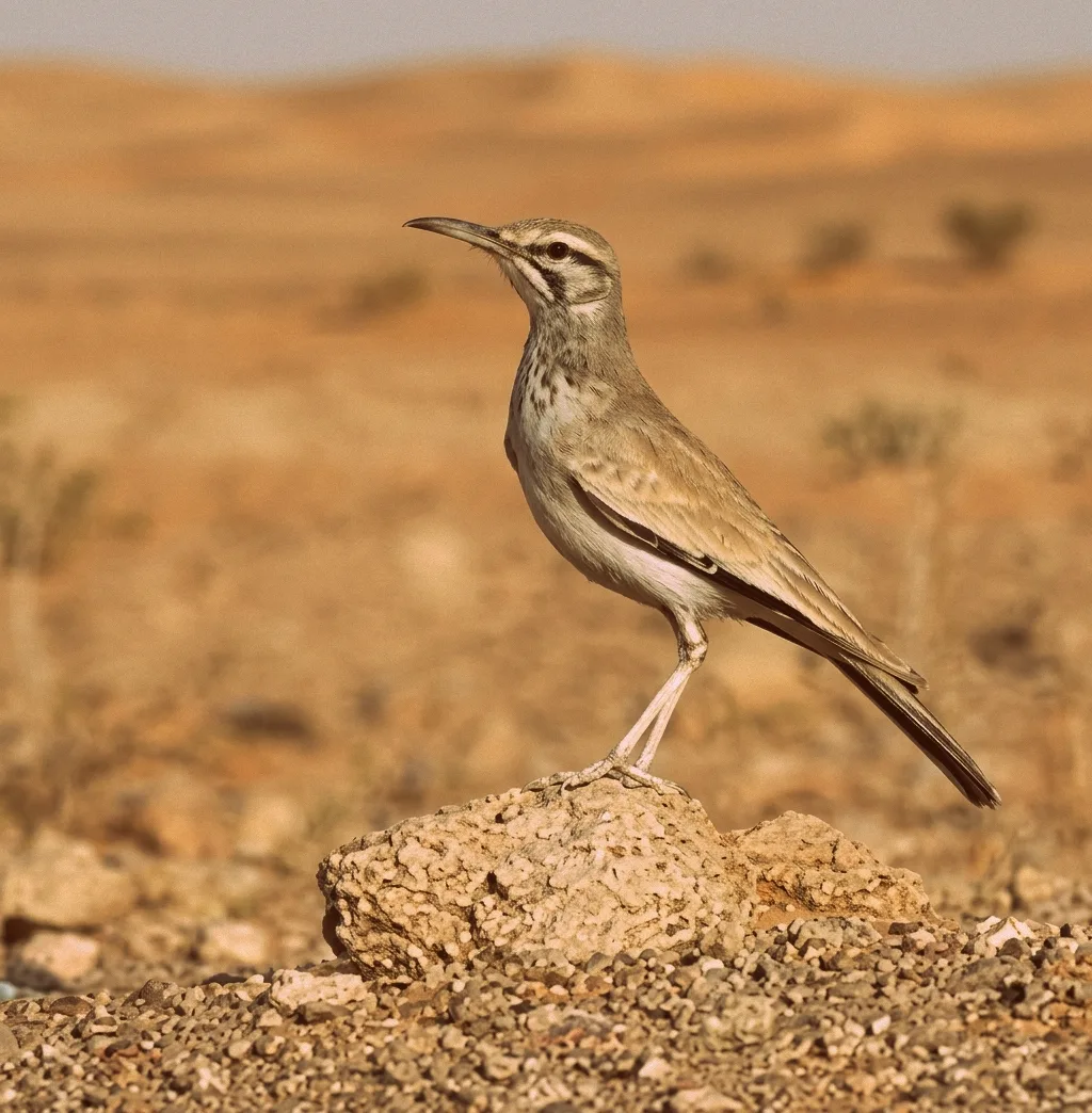 Desert Lark standing on a rock in an arid desert landscape