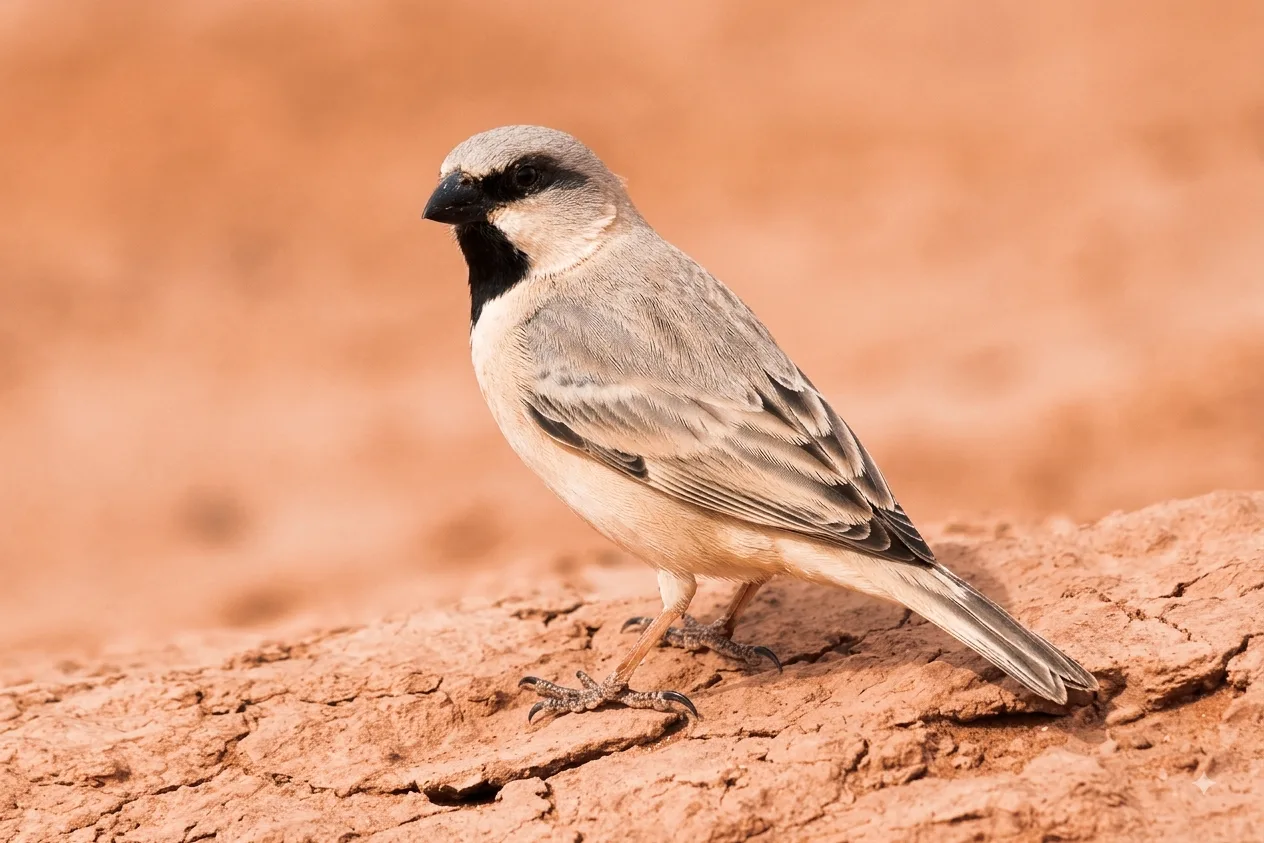 Male Desert Sparrow standing on reddish sandy ground